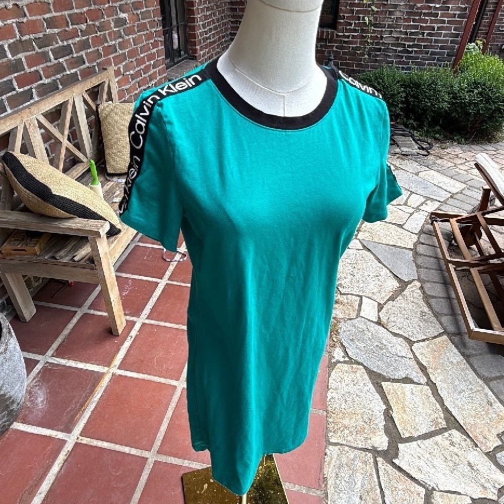 Calvin Klein Womens Teal Green Logo Tape Short Sleeve T-Shirt Dress Size Small